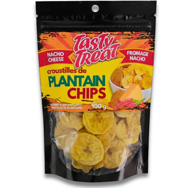 Packaging of Tasty Treat plantain chips with colorful label